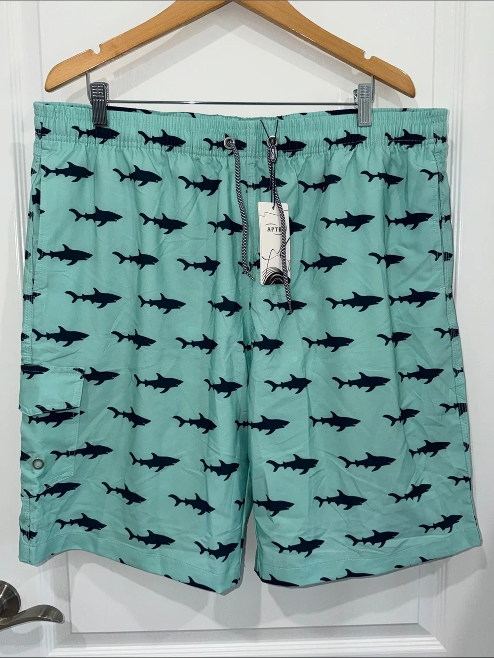 Aptro Mint Swim Shorts with black Shark Print size 3X lined - Picture 1 of 7
